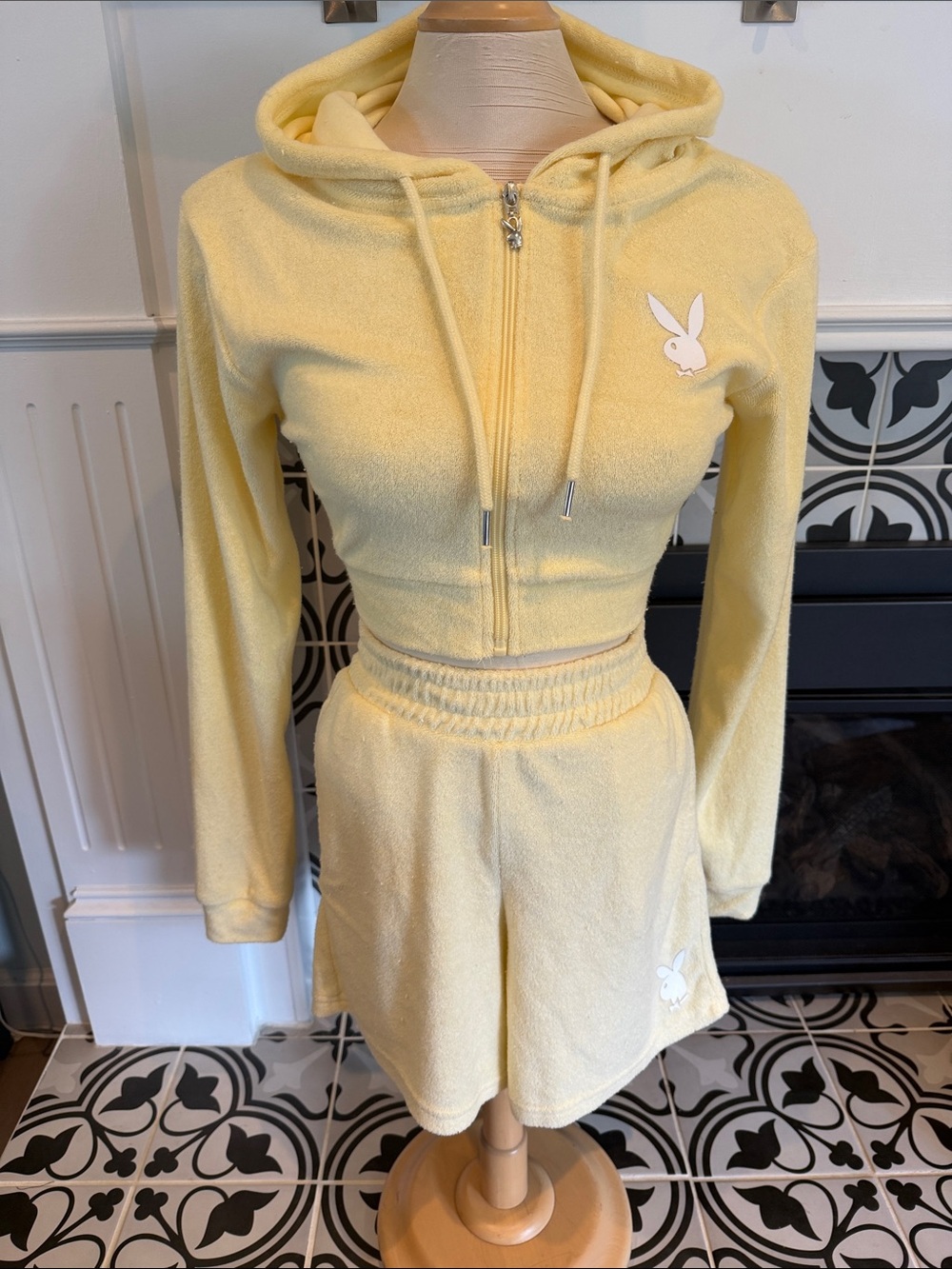 PLAYBOY Pale Yellow Terry Hoodie & Shorts Set